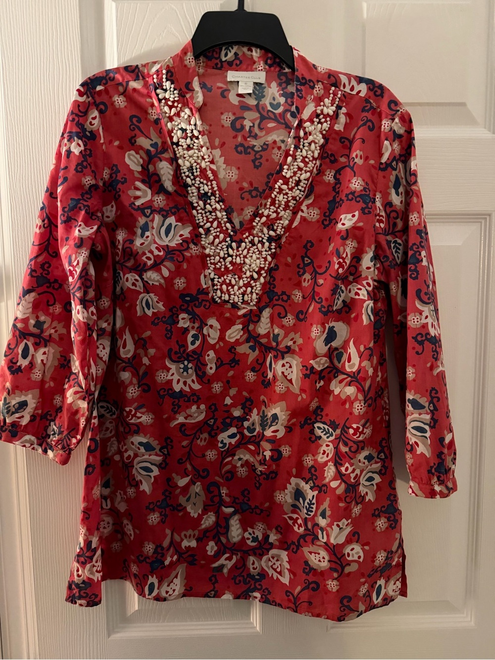 Charter Club Orange- Red Floral Beaded V-Neck Tunic